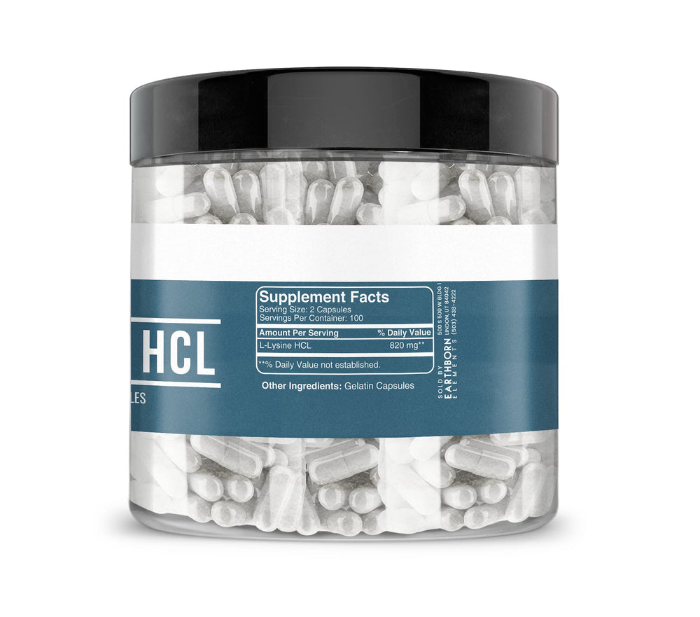 Packaging for Earthborn Elements L-Lysine HCL highlighting the brand and label details.
