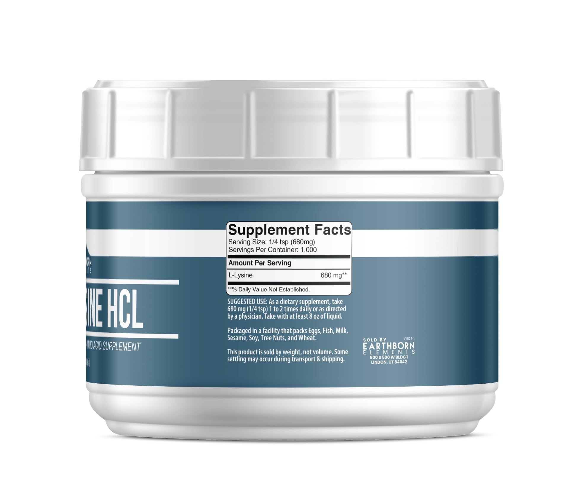 Earthborn Elements Lysine HCL powder with scoop illustrating easy portioning for daily use