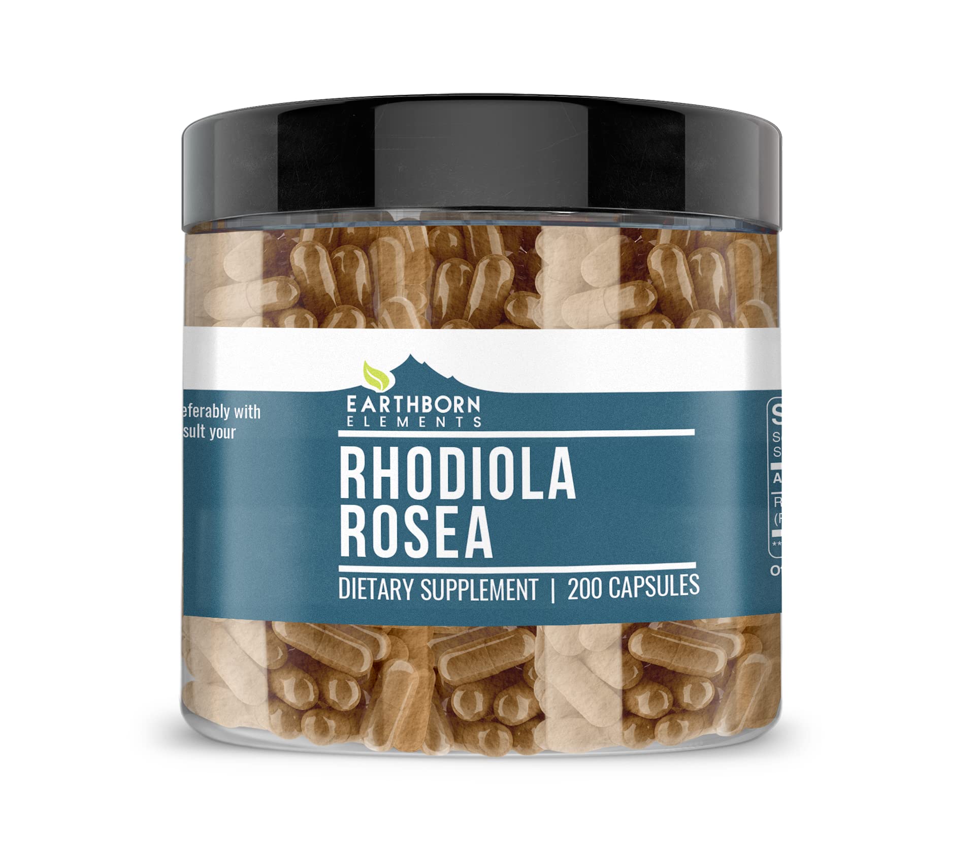Earthborn Elements Rhodiola Rosea capsules on bottle, pure daily use option