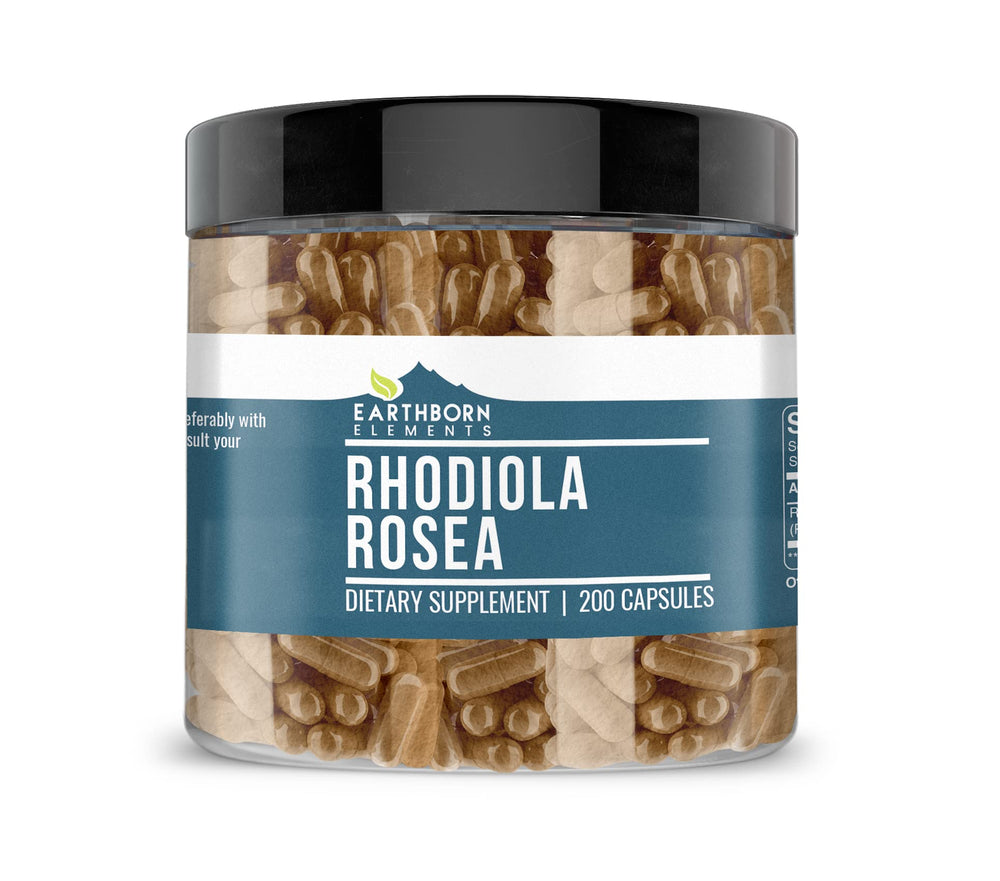 Earthborn Elements Rhodiola Rosea capsules on bottle, pure daily use option