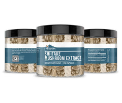 Earthborn Elements Shiitake capsules closeup emphasizes pure, additive-free formula for everyday nutrition.
