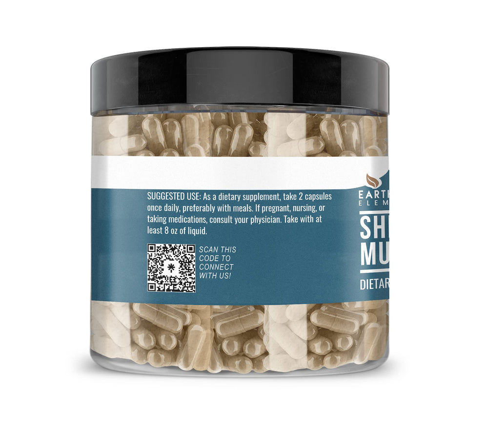 Earthborn Elements Shiitake Extract bottle shows USA-encapsulated quality and reliable manufacturing.