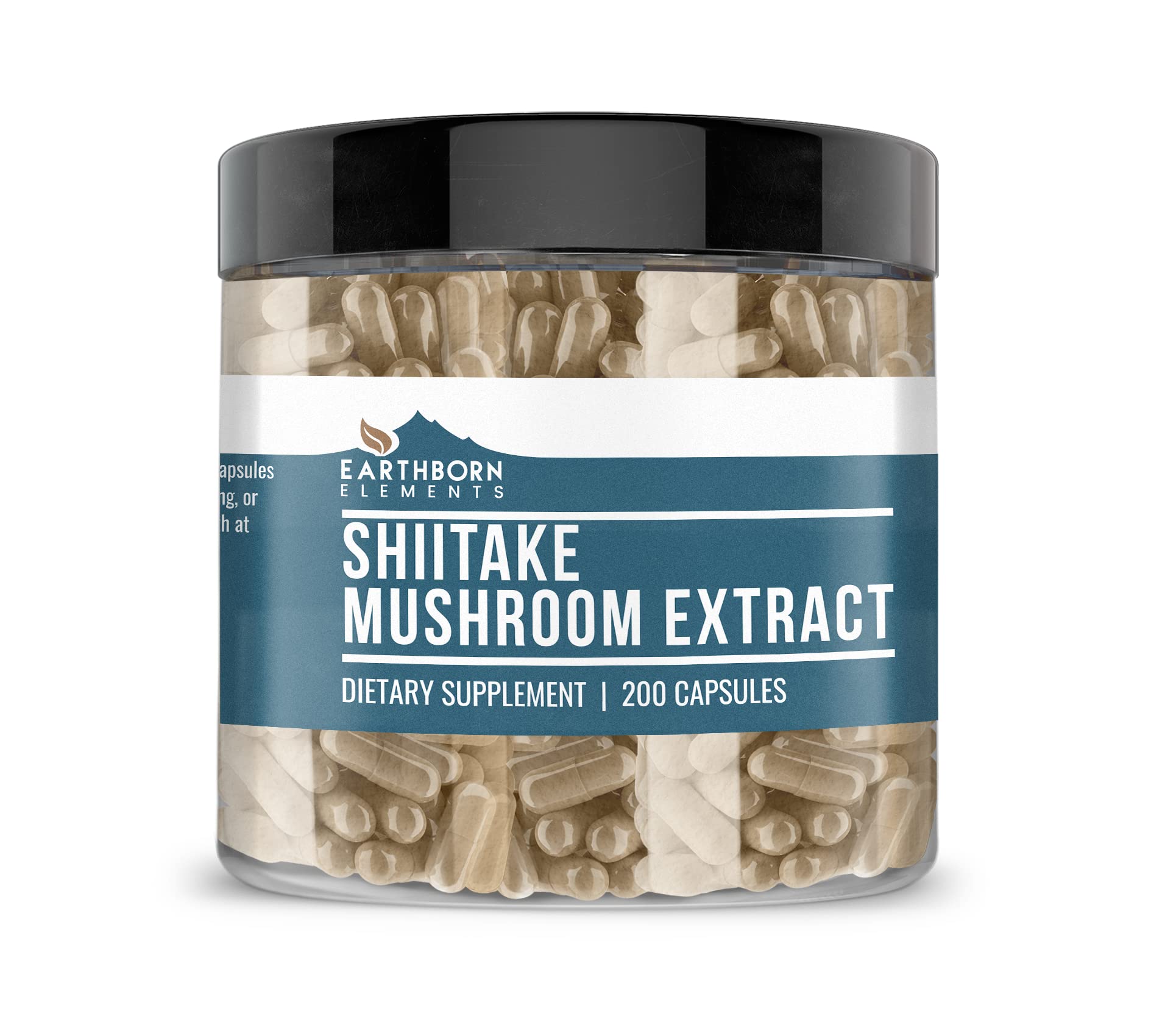 Earthborn Elements Shiitake Mushroom Extract bottle on a clean desk for daily wellness.