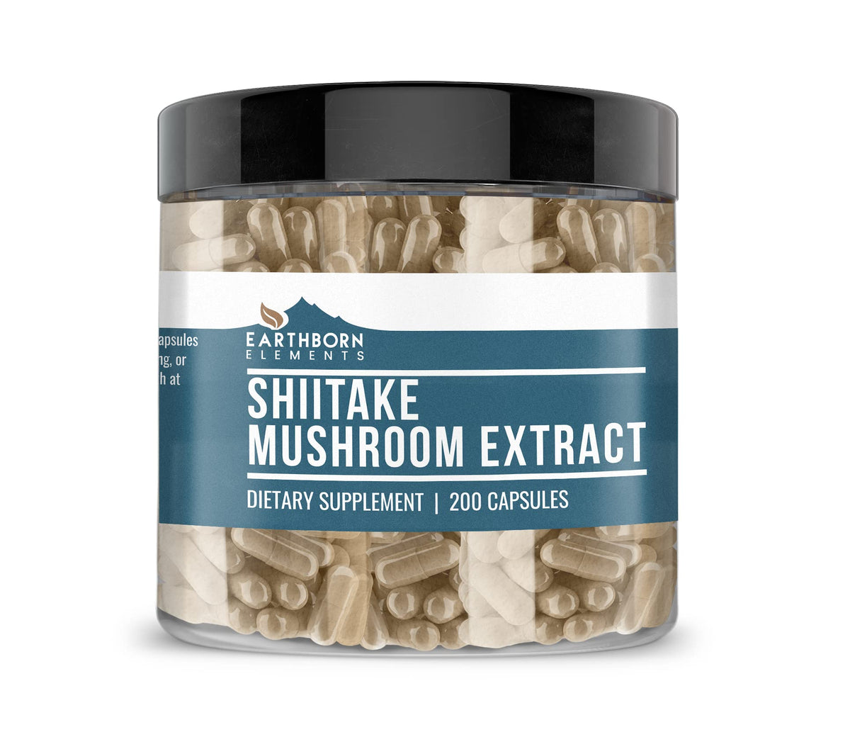 Earthborn Elements Shiitake Mushroom Extract bottle on a clean desk for daily wellness.