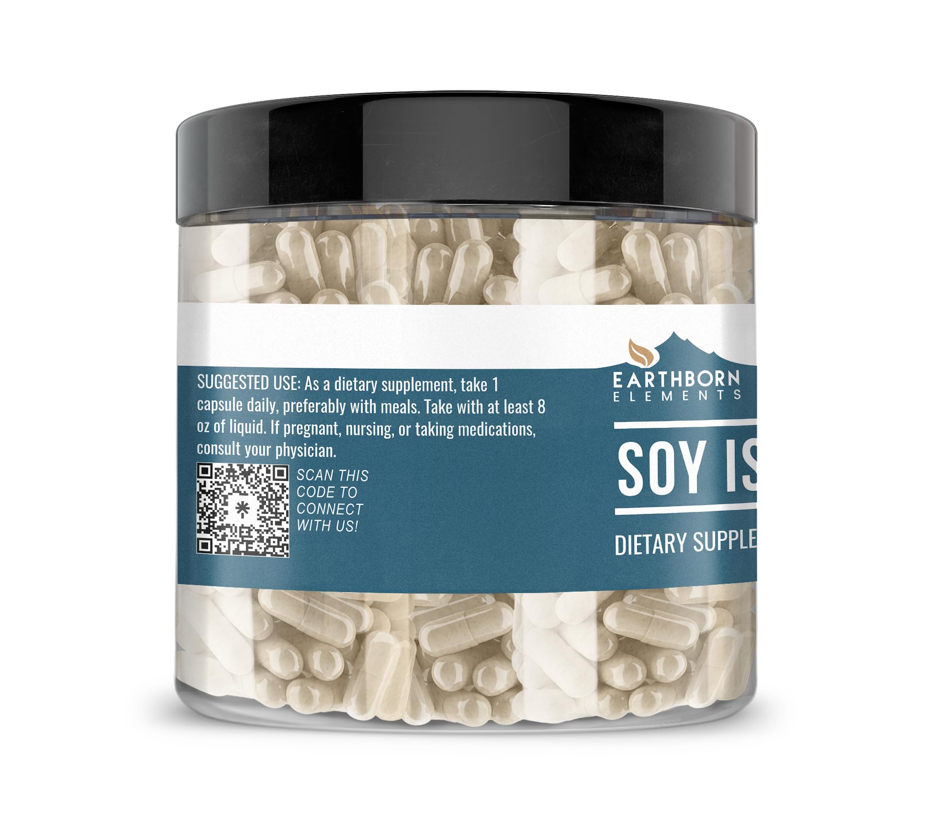 Earthborn Elements Soy Isoflavones capsules closeup emphasizing purity.