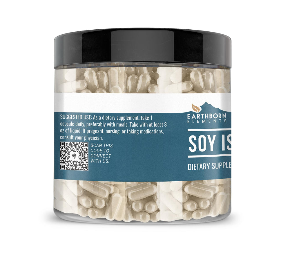 Earthborn Elements Soy Isoflavones capsules closeup emphasizing purity.
