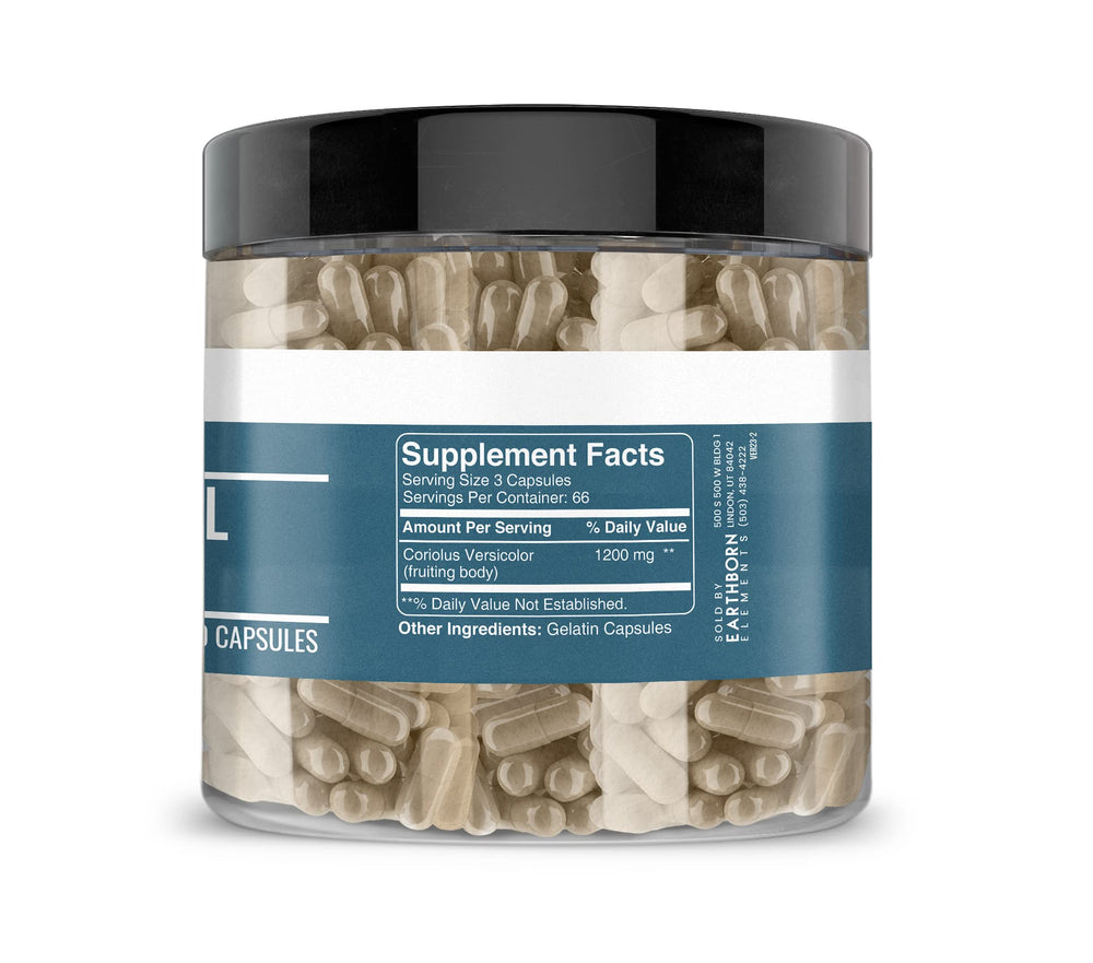 Earthborn Elements Turkey Tail Mushroom bottle label emphasizes USA encapsulation and purity.