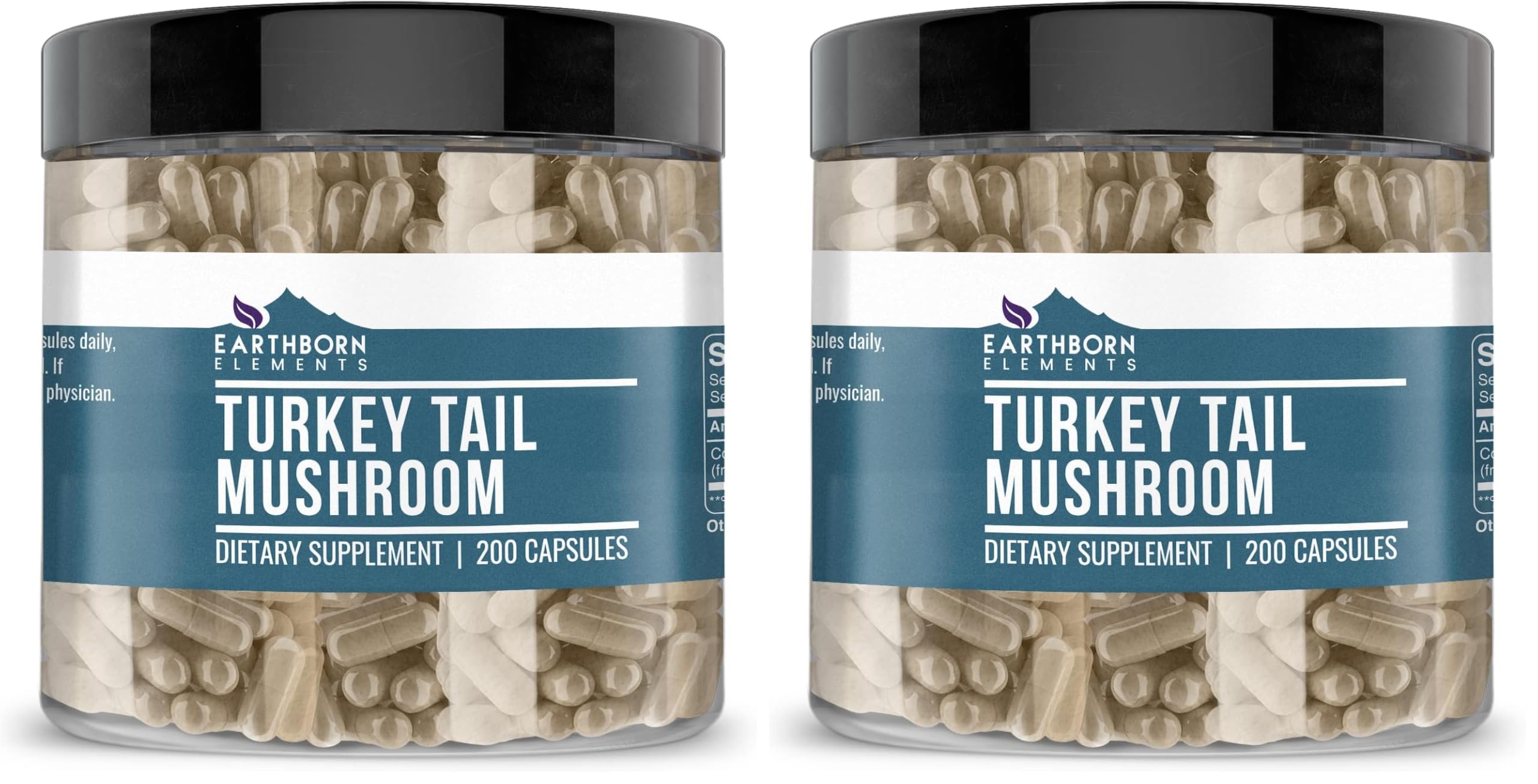 Earthborn Elements Turkey Tail Mushroom capsules bottle highlights pure, additive-free daily use.
