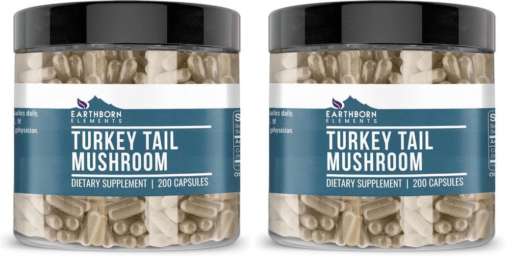 Earthborn Elements Turkey Tail Mushroom capsules bottle highlights pure, additive-free daily use.