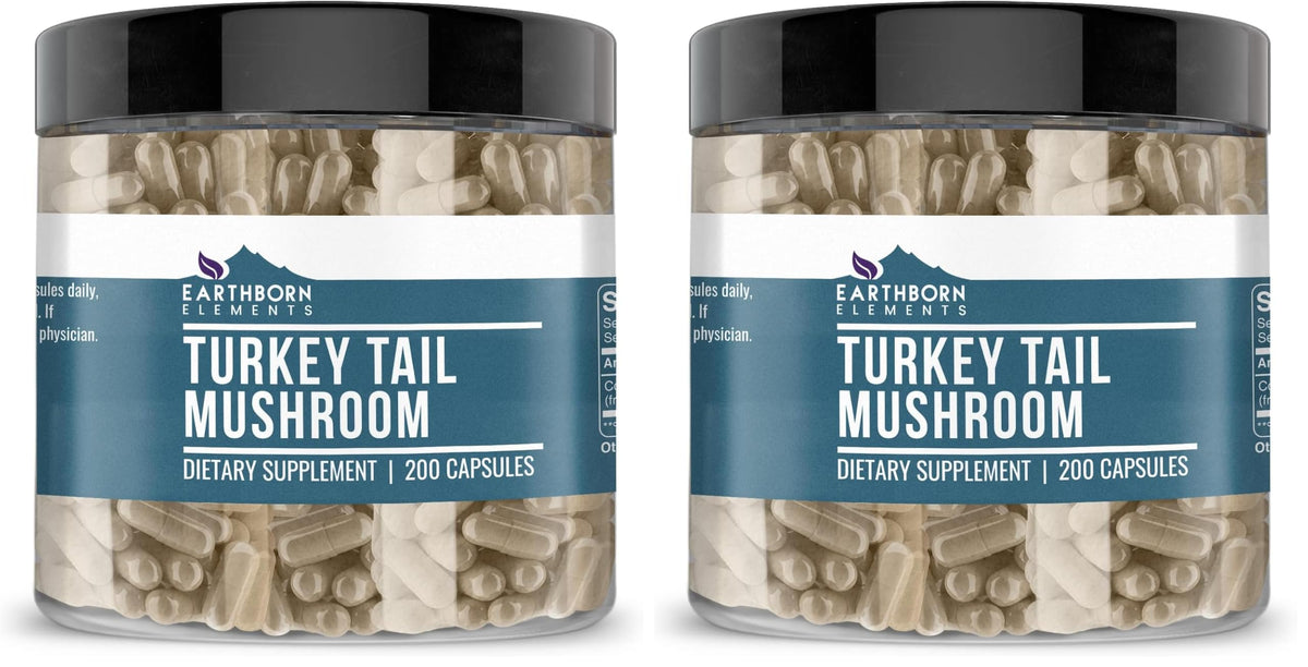 Earthborn Elements Turkey Tail Mushroom capsules bottle highlights pure, additive-free daily use.