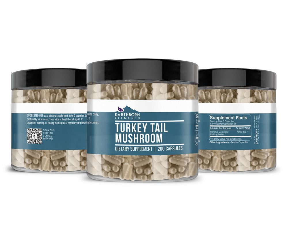 Earthborn Elements Turkey Tail Mushroom capsules arranged in a two-pack display.