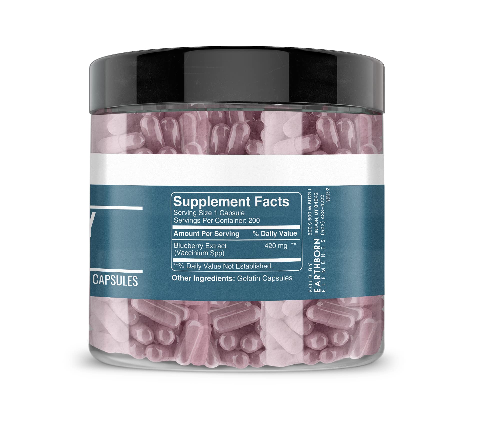 Earthborn Elements USA-encapsulated blueberry capsules presented for everyday use.