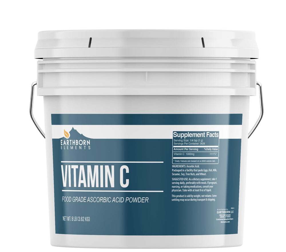 Earthborn Elements Vitamin C Powder in a resealable bucket for easy storage and use.