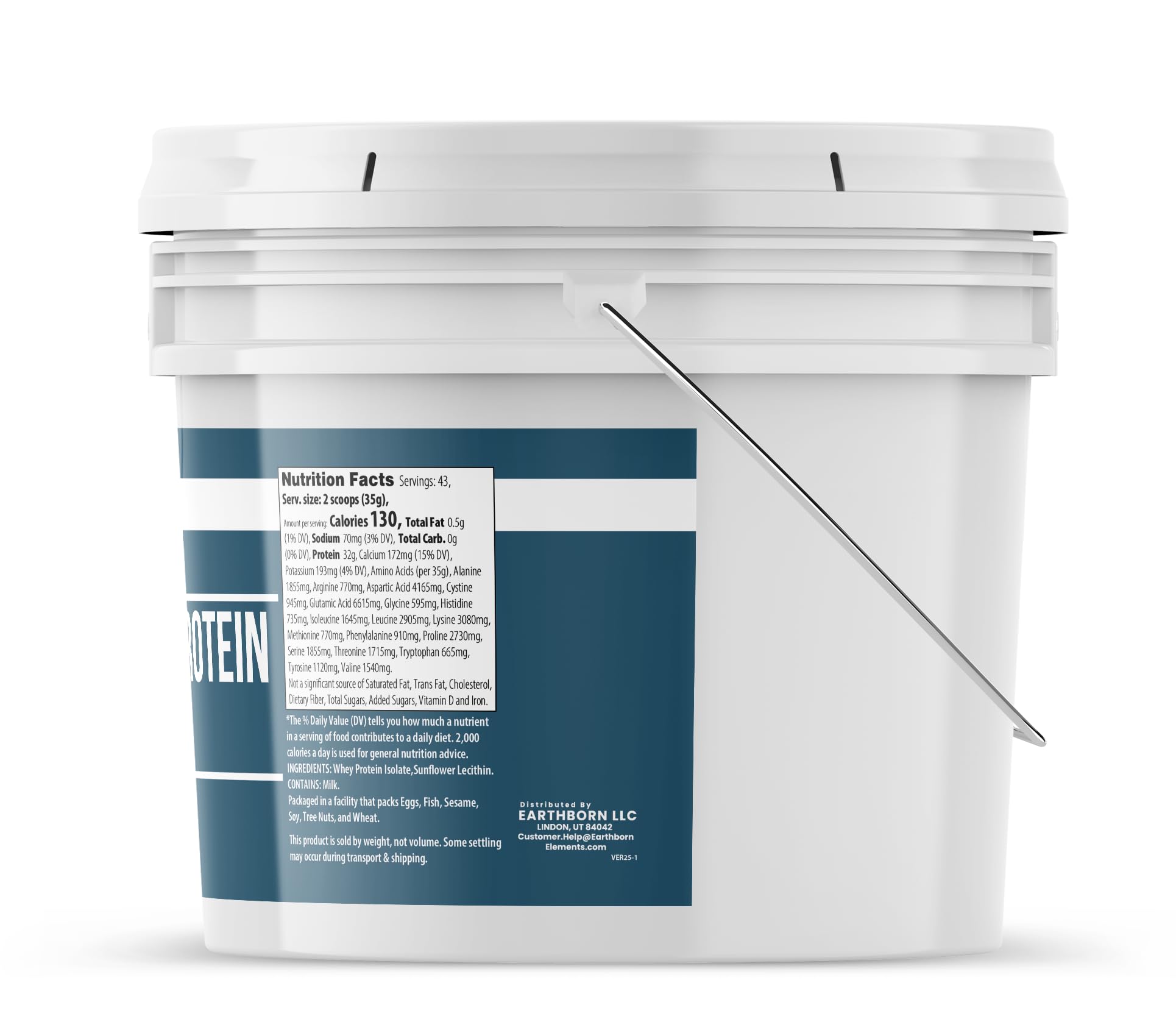 Earthborn Elements Whey Protein Isolate label close-up highlights purity and low lactose.