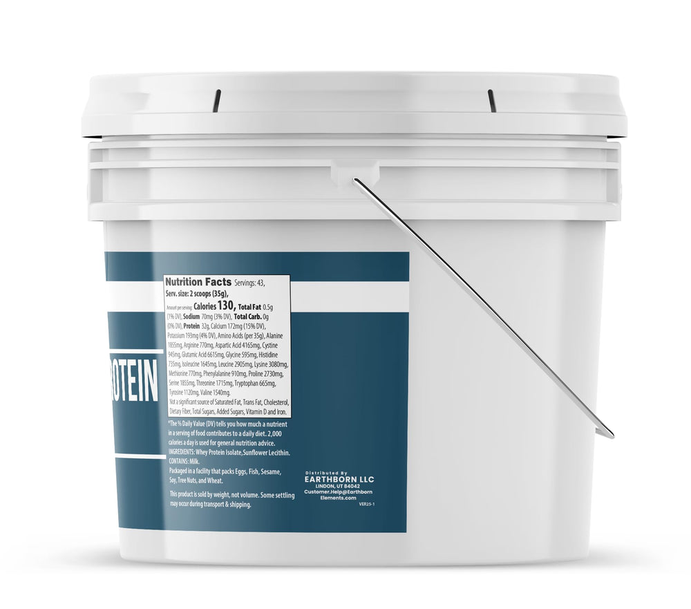 Earthborn Elements Whey Protein Isolate label close-up highlights purity and low lactose.