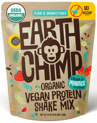 EarthChimp bottle pouring unsweetened vegan protein for smoothies