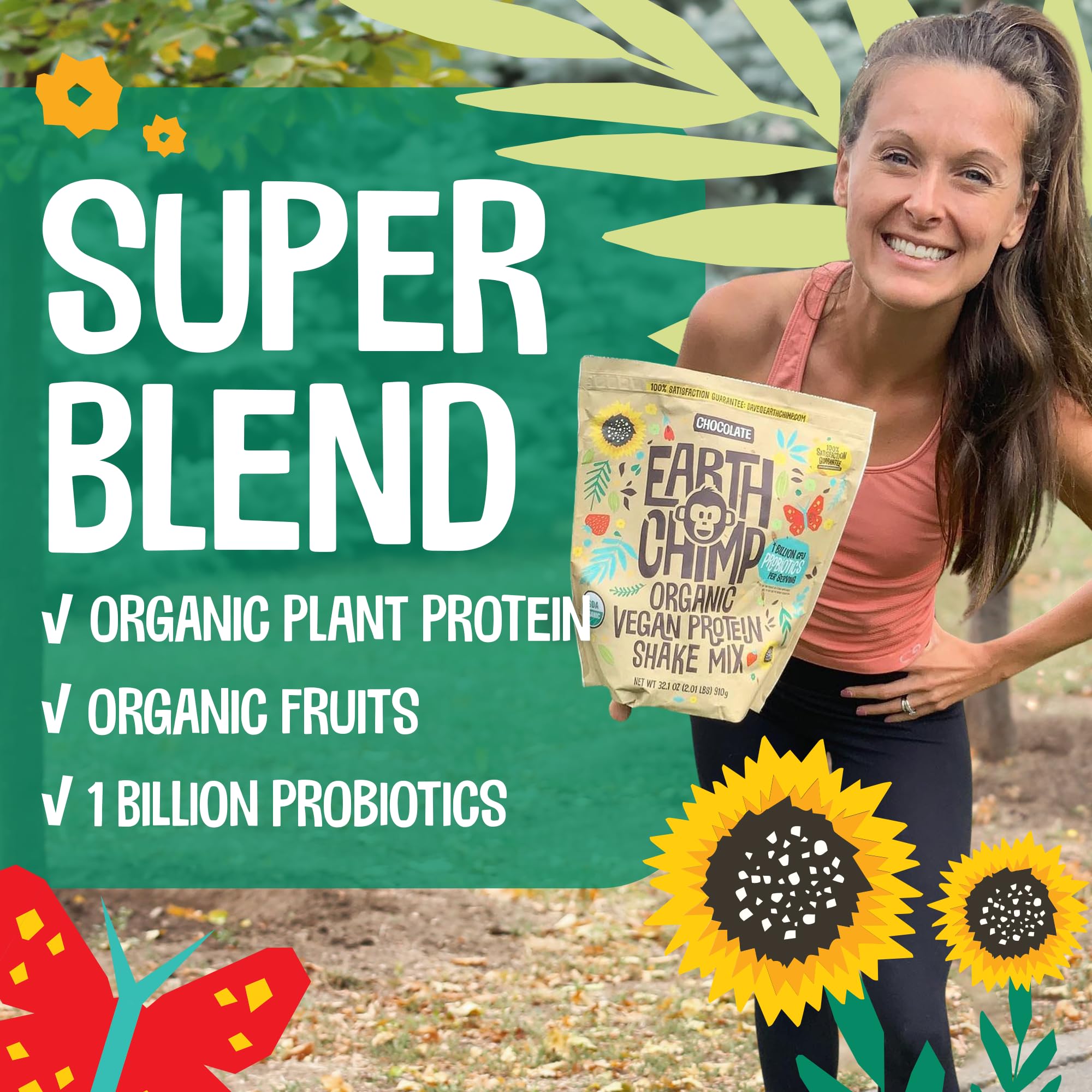 EarthChimp organic vegan protein powder container close-up showing easy blending