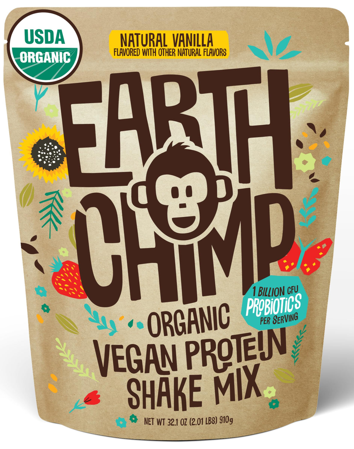 EarthChimp Organic Vegan Protein Powder Vanilla bottle for daily dairy-free shakes