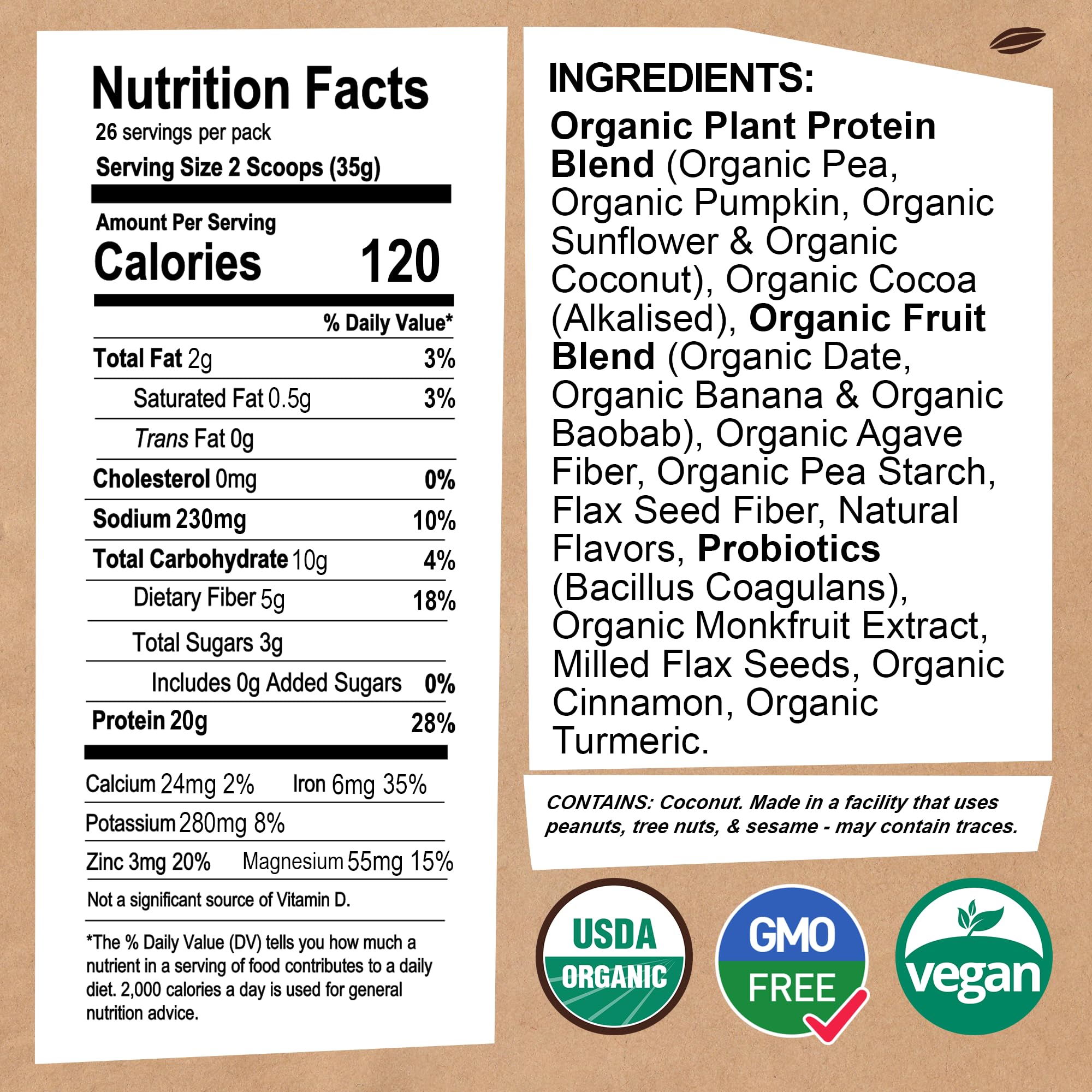 EarthChimp chocolate vegan protein bag back shows per serving nutrition