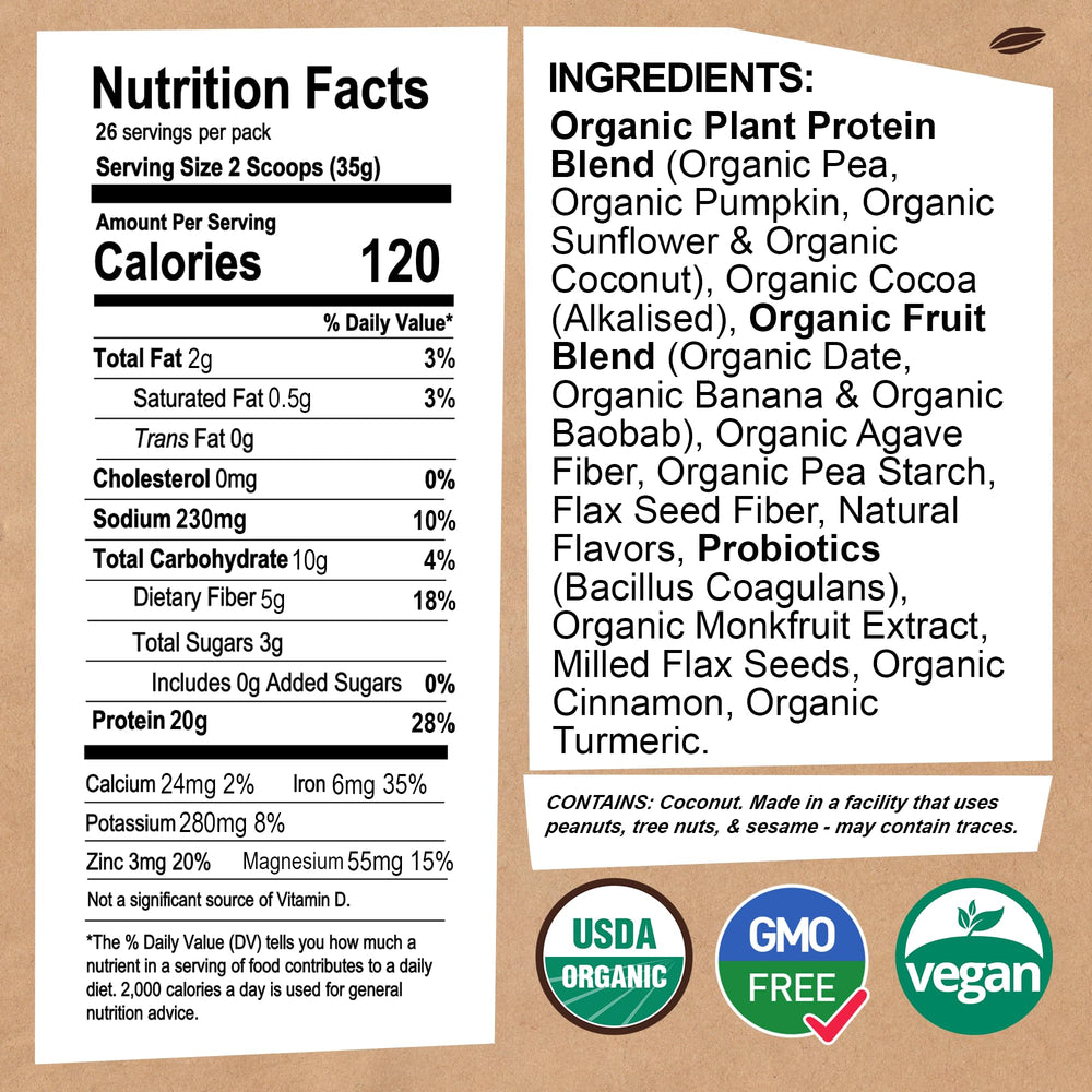 EarthChimp chocolate vegan protein bag back shows per serving nutrition