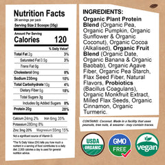 EarthChimp chocolate vegan protein bag back shows per serving nutrition