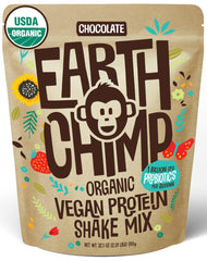 EarthChimp chocolate vegan protein powder bag front, ready for a quick morning shake