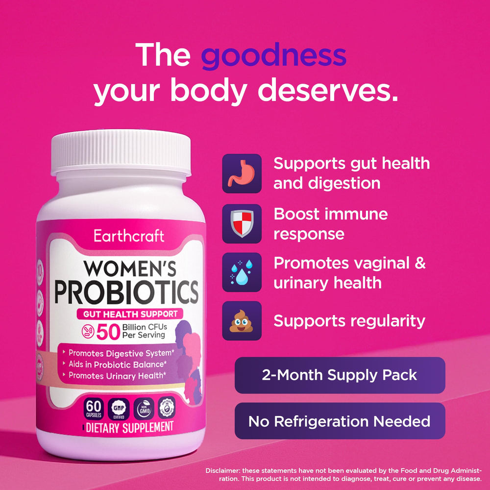 Earthcraft Probiotics for Women 10 strains label highlights diverse gut benefits.