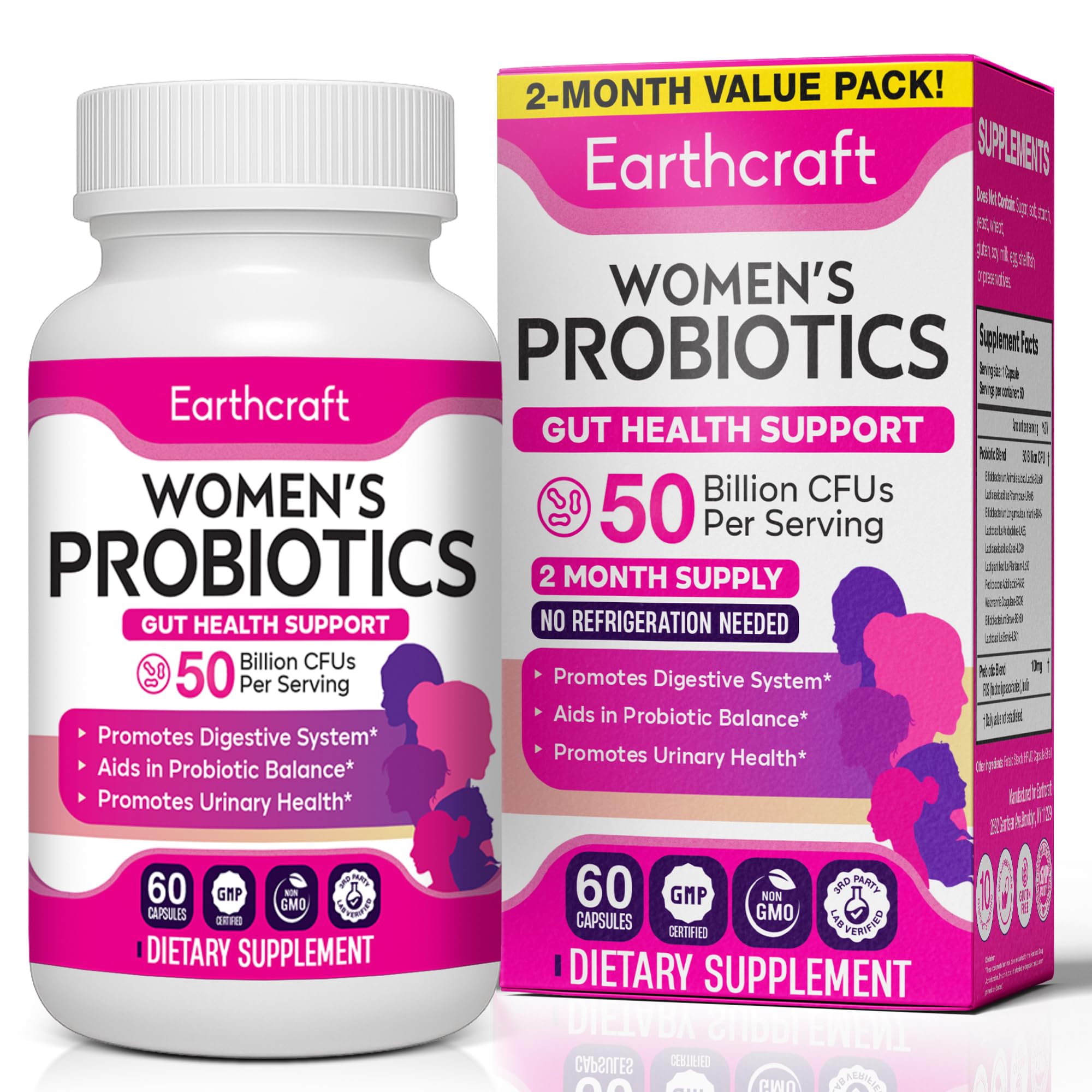 Earthcraft Probiotics for Women 50B CFU bottle may support gut balance.
