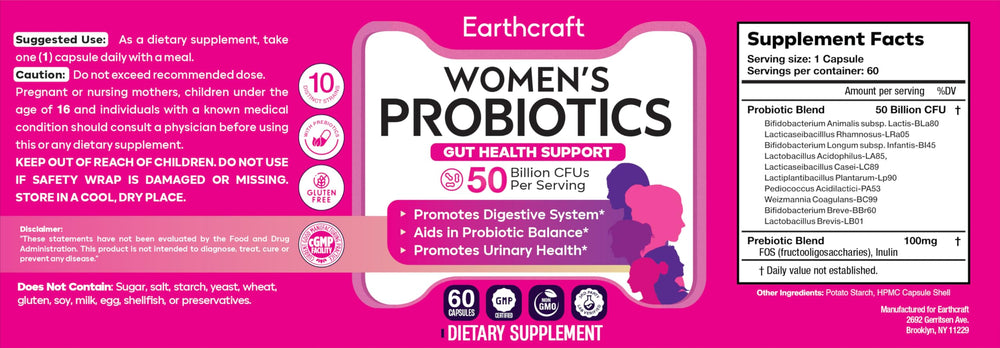 Earthcraft Probiotics for Women daily use for digestion and balance.