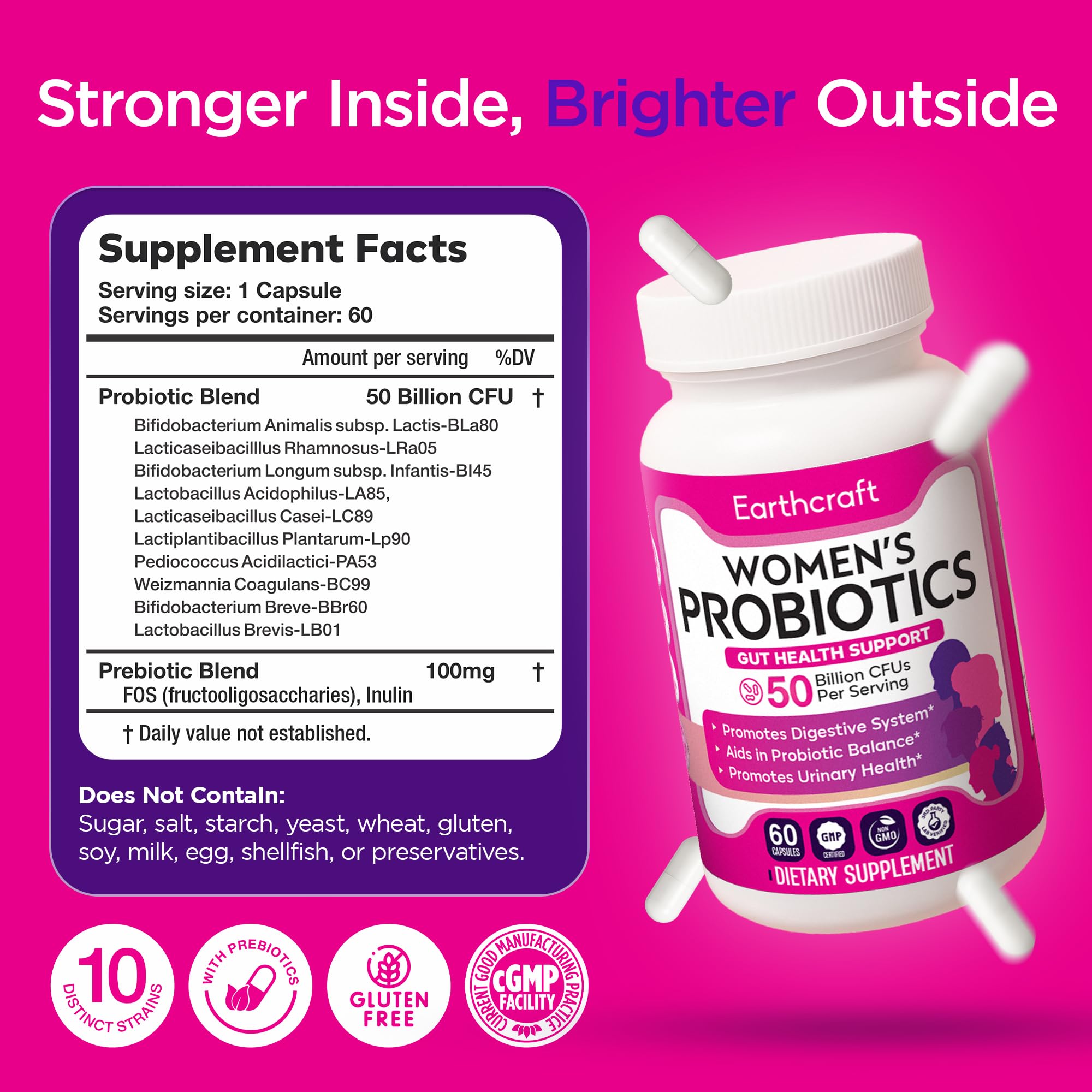 Earthcraft Probiotics ingredients list highlights 10 strains and 50B CFU.