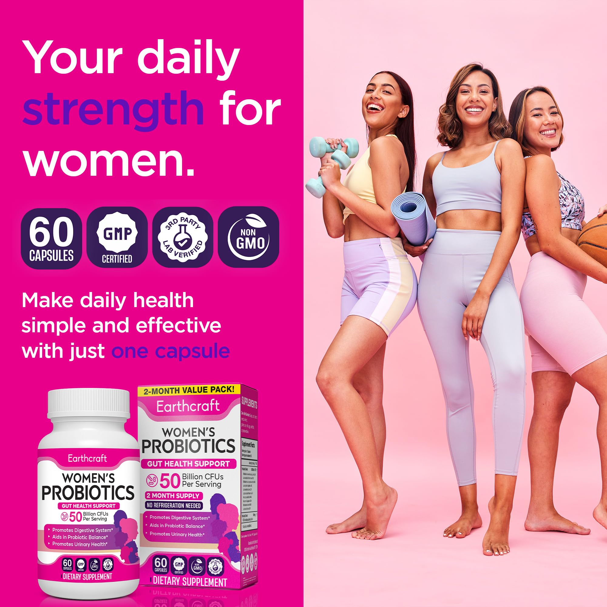 Earthcraft Probiotics veggie capsules showing vegan formula and clean ingredients.