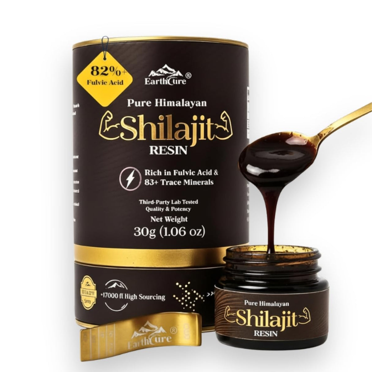 EarthCure Shilajit Resin jar closeup highlighting pure Himalayan formula for daily energy.