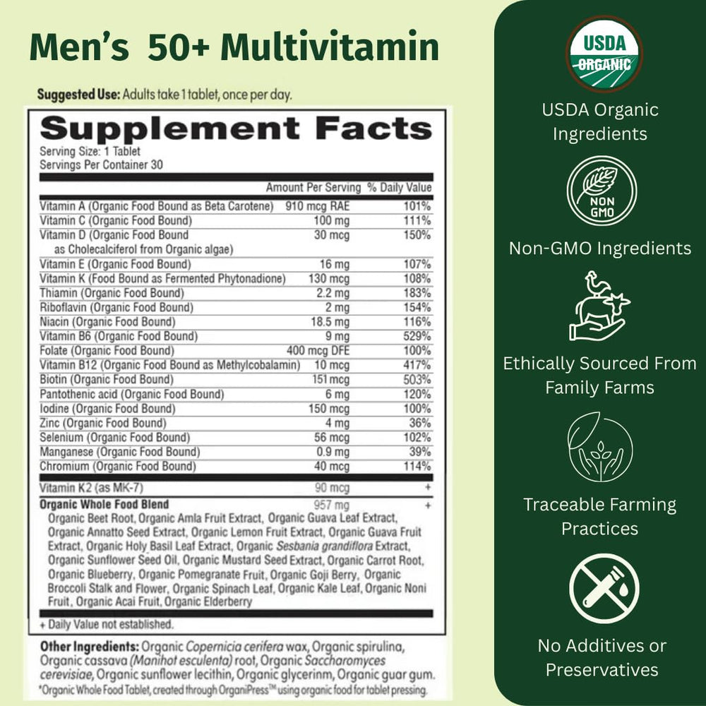 EarthFirst Organic Once Daily Multivitamin for Men 50+ bottle back label lists organic ingredients and quality info