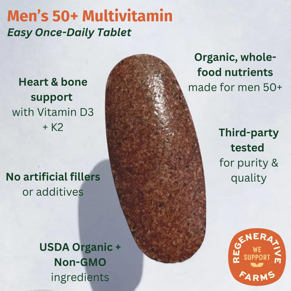 Close-up of EarthFirst Organic Once Daily Multivitamin for Men 50+ capsules for easy daily use
