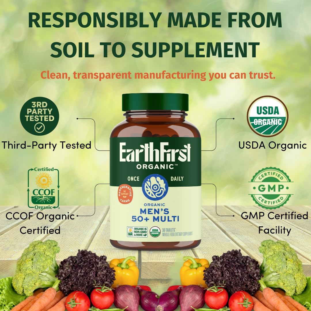Dosage panel on EarthFirst Organic Once Daily Multivitamin for Men 50+ shows convenient once-daily nutrition
