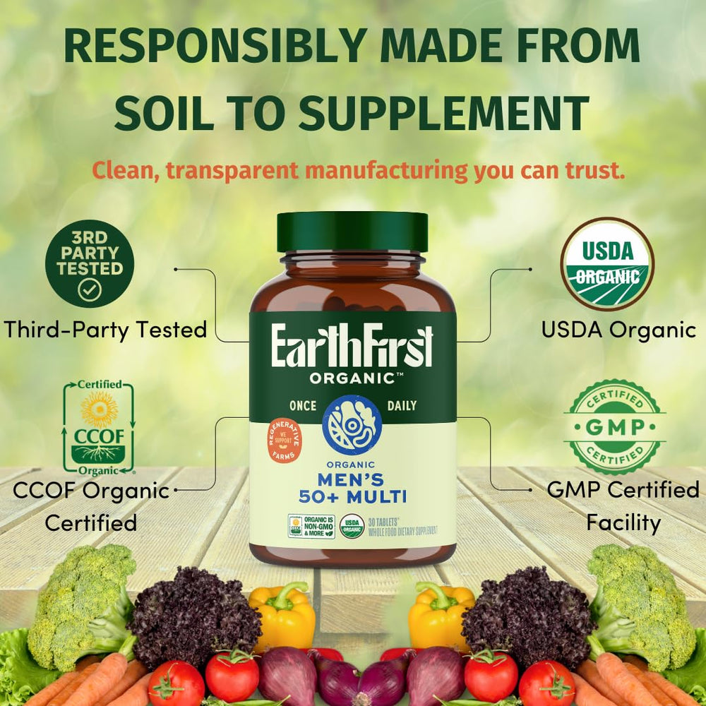 Dosage panel on EarthFirst Organic Once Daily Multivitamin for Men 50+ shows convenient once-daily nutrition