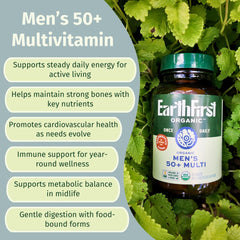 EarthFirst Organic Once Daily Multivitamin for Men 50+ key ingredients highlighted as organic superfoods