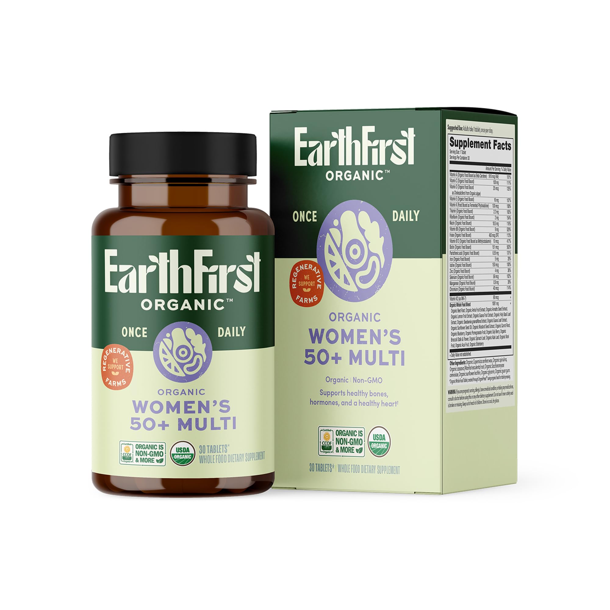 EarthFirst Organic Once Daily Multivitamin bottle front shows bone and heart support for women 50+.