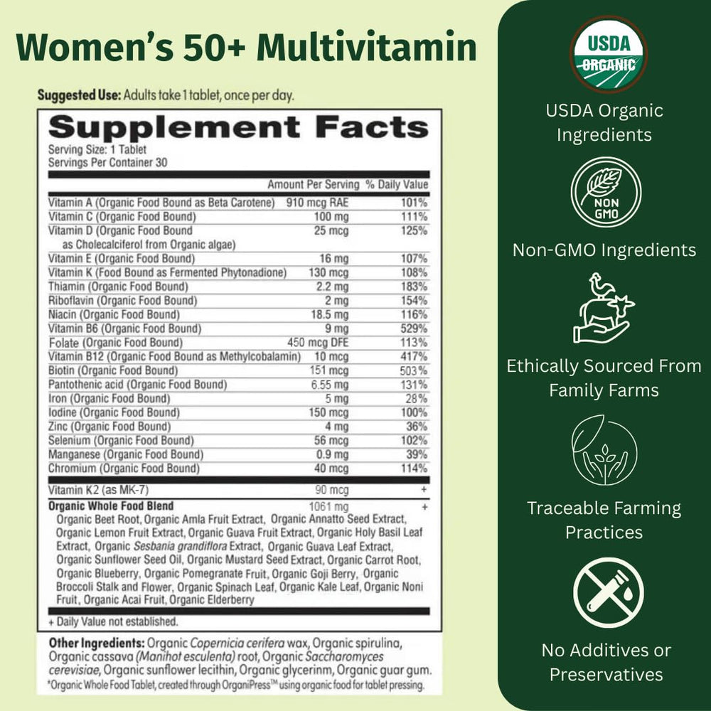 Tablets close-up highlighting 100% daily value in one easy-to-swallow pill.