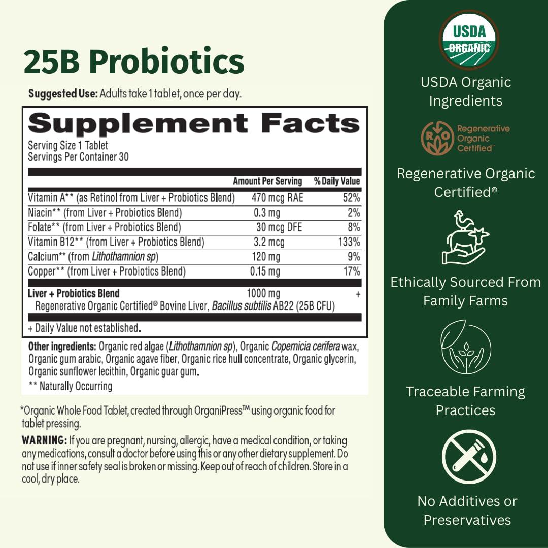 EarthFirst Organic Probiotic bottle back label showing regenerative organic ingredients.