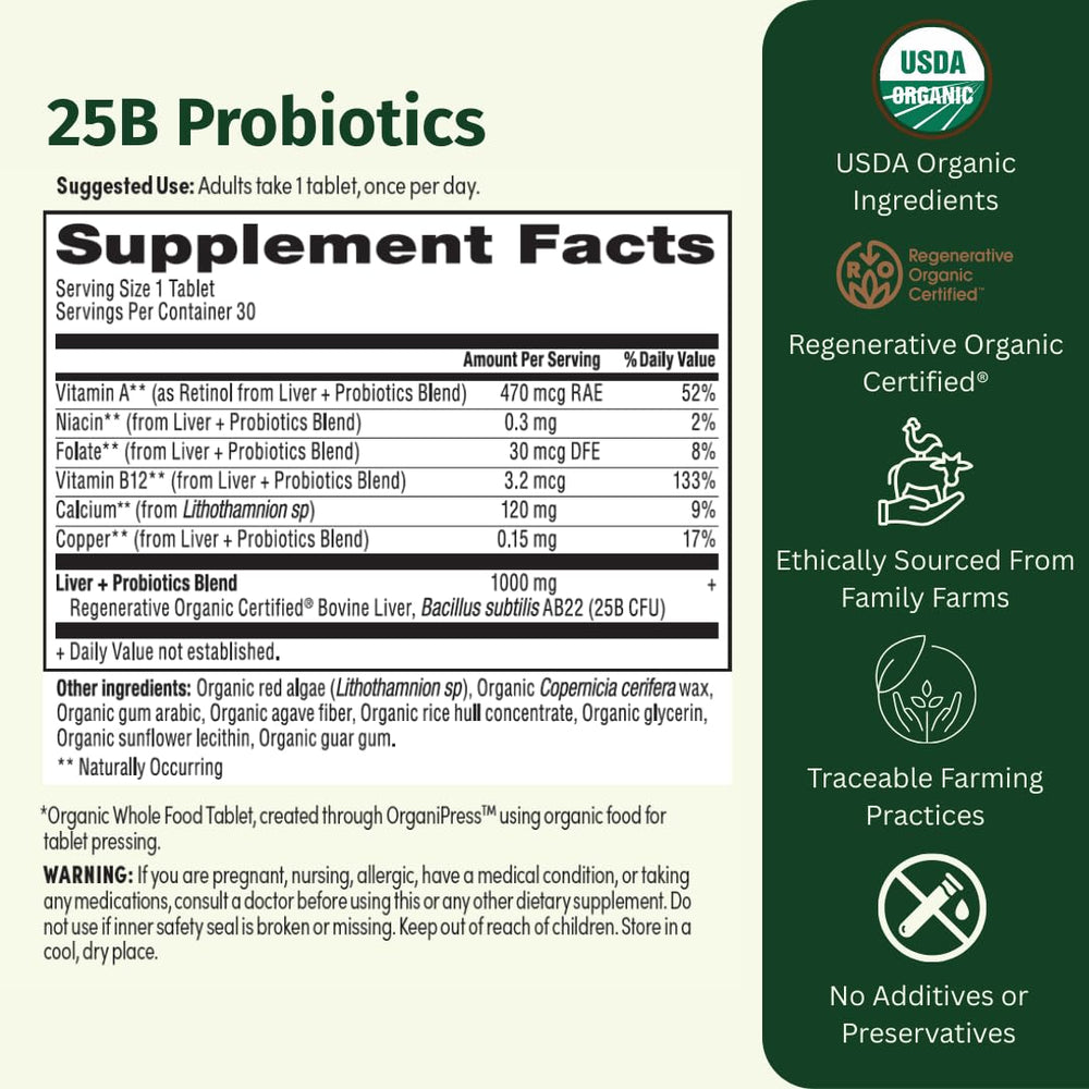 EarthFirst Organic Probiotic bottle back label showing regenerative organic ingredients.