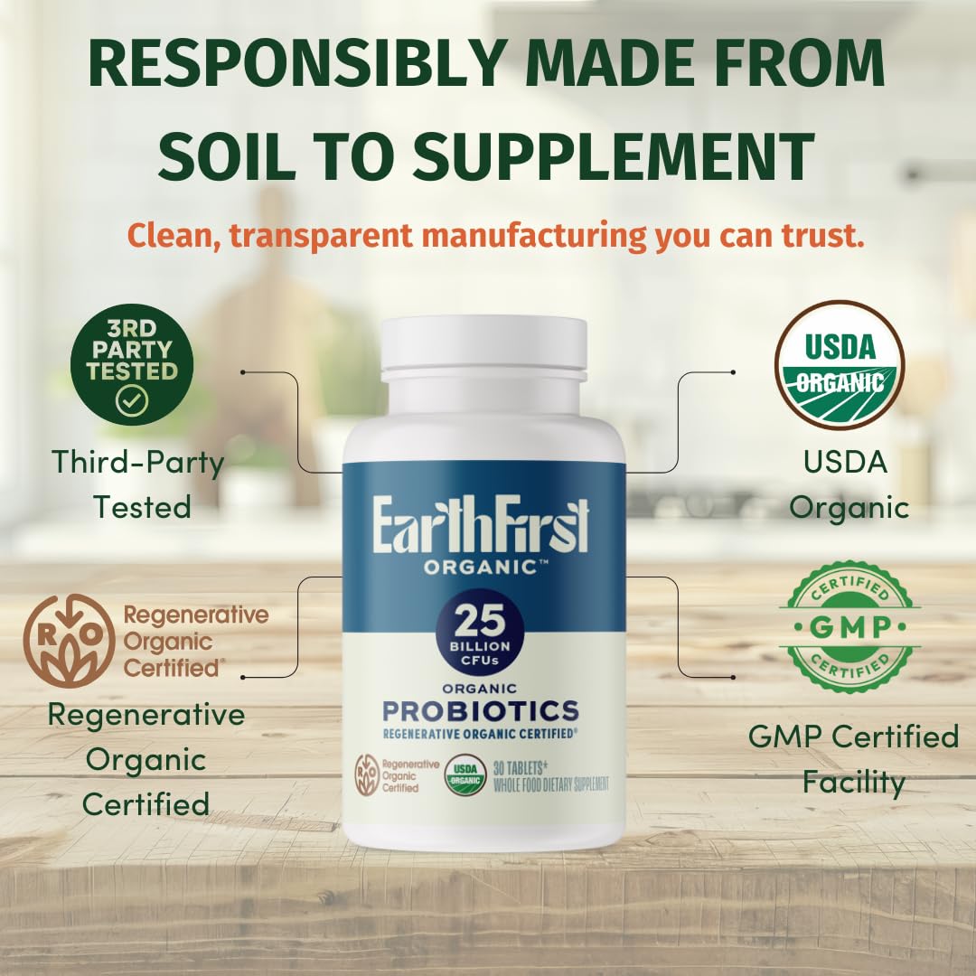 EarthFirst Organic Probiotic 25B CFU packaging highlights transparent ingredients.