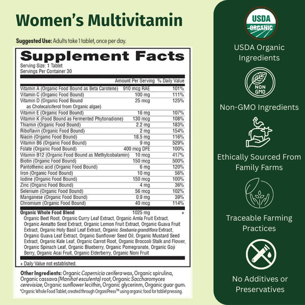 EarthFirst Organic Women’s Multi bottle back label highlighting organic sourcing for daily nourishment.