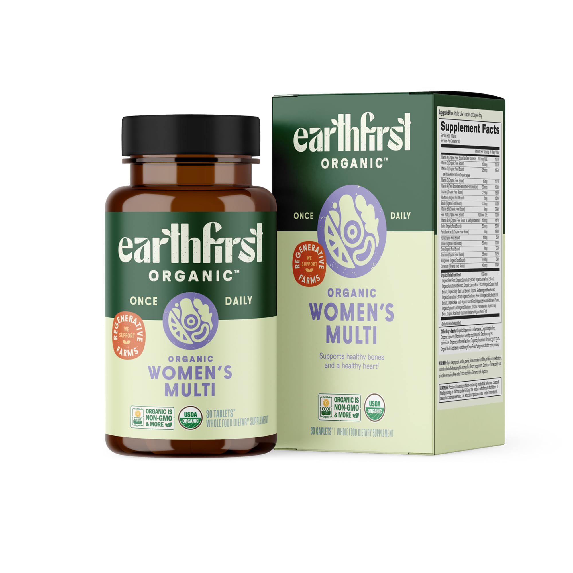 EarthFirst Organic Women’s Multi bottle front showing natural ingredients for daily wellness.