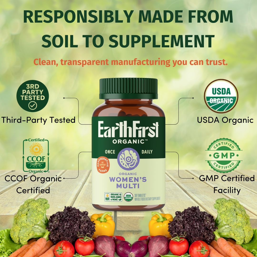 EarthFirst Organic Women’s Multi bottle on table with natural sunlight vibe.