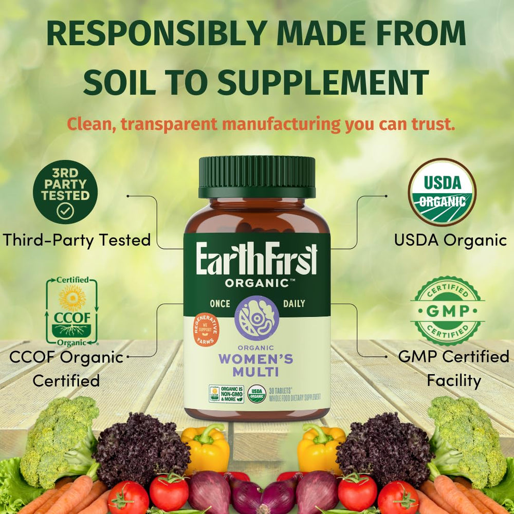 EarthFirst Organic Women’s Multi bottle on table with natural sunlight vibe.