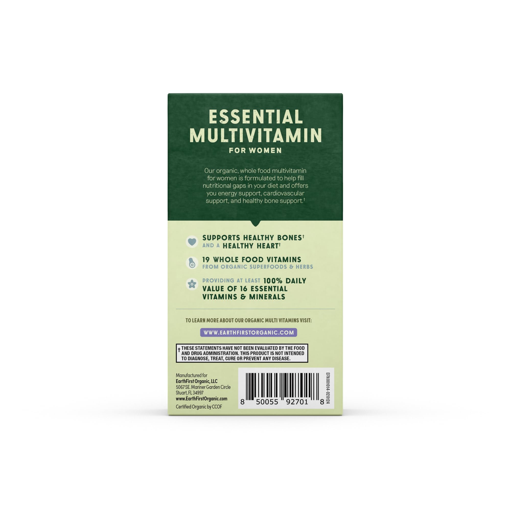 EarthFirst Organic Women’s Multi packaging emphasizing sustainability and regenerative farming.
