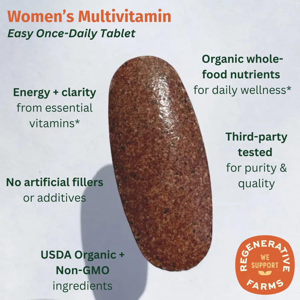 Closeup of EarthFirst Organic Women’s Multi tablets showing real-food ingredients for bioavailability.