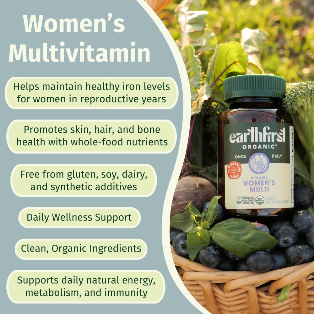 EarthFirst Organic Women’s Multi tablets in hand illustrating an easy daily routine.