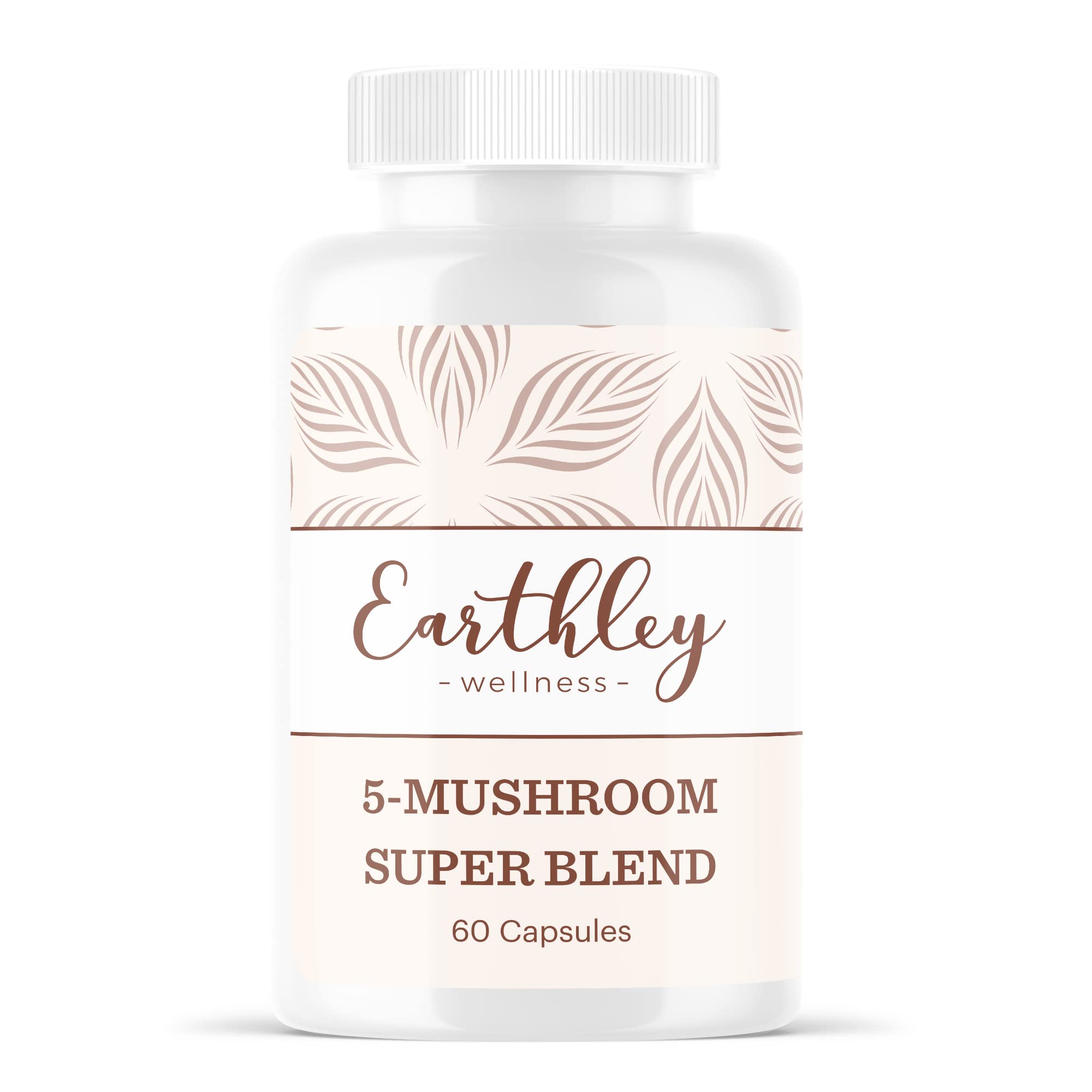 Earthley Wellness 5-Mushroom Super Blend bottle on counter for daily antioxidant support